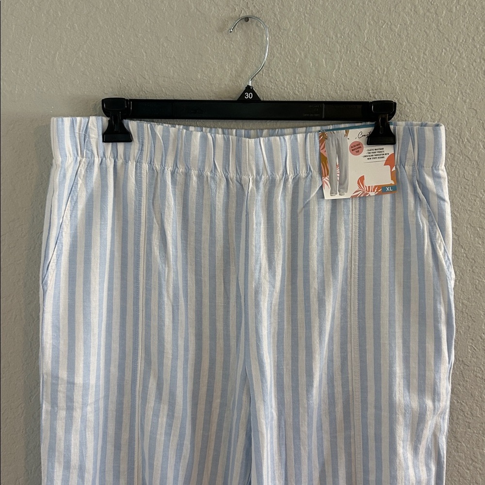 Blue and White linen blend Striped Pants - Picture 4 of 8